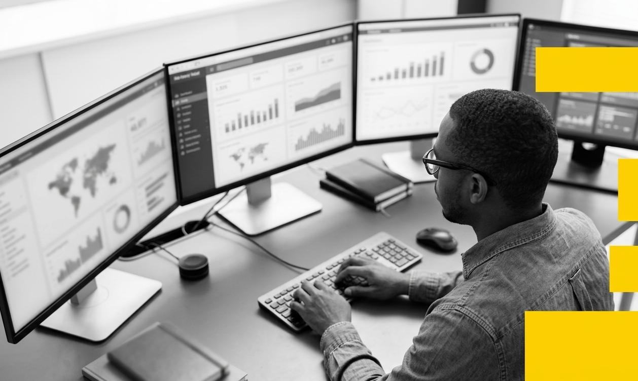 Analyst reviewing multi-monitor performance dashboards