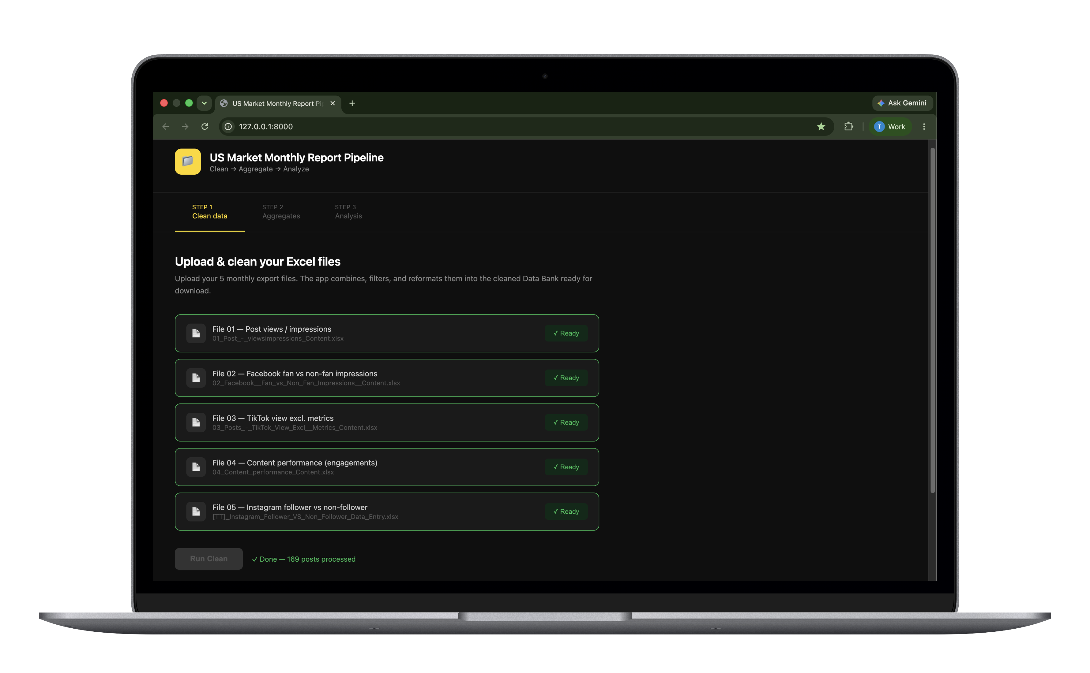 Step 1 — Clean Data screen of the pipeline interface